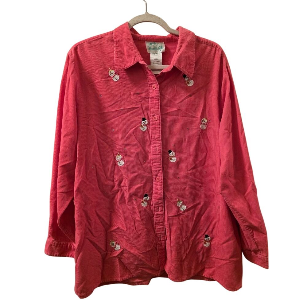 Vtg Pink Corduroy Snowman Embroidered Button Up Shirt Quacker Factory Sz L